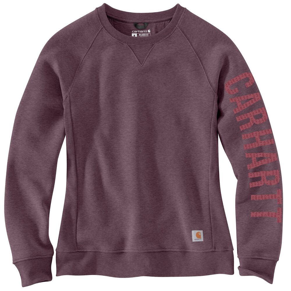 CARHARTT Women’s L Crewneck Sweatshirt Plum Purple Spell Out Logo Sleeve 104410